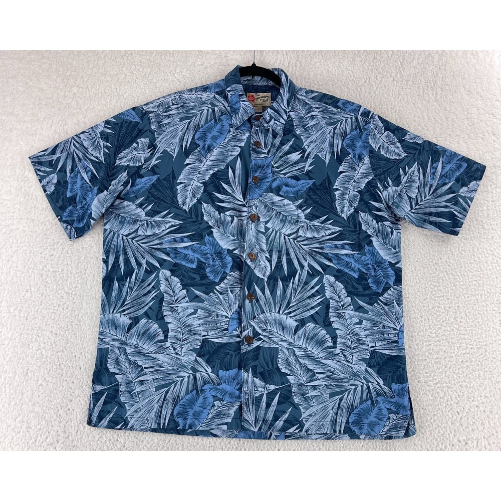 Hilo Hattie Button-Up Shirt Mens Large Blue Palm Print Short Sleeve Hawaiian VTG
